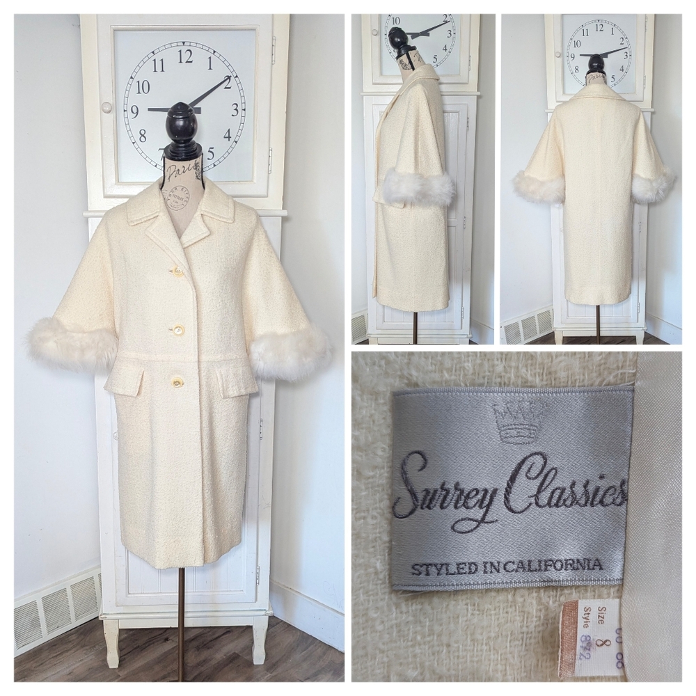 Vintage Knit Weave Coat with Faux Fur Trim